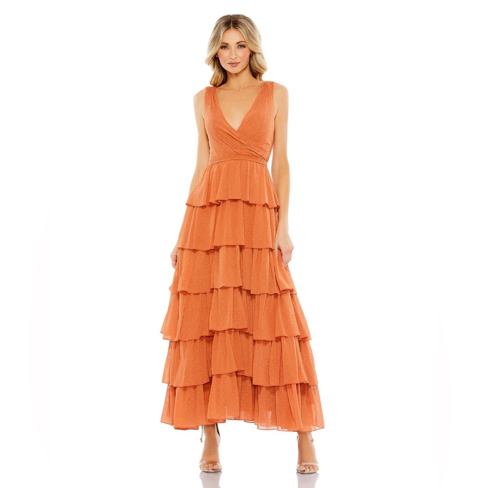 MAC DUGGAL Swiss Dot Ruffle Tiered Maxi Dress - Burn Orange